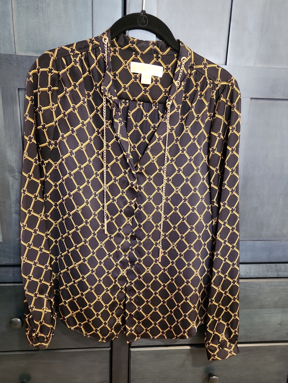 Michael Kors Black Button-Down Shirt with Gold Chain-Link Pattern